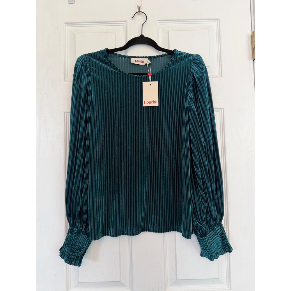 Louche London Elea Velvet Stripe Top Teal Green Smocked Cuff Blouse US 6 NEW